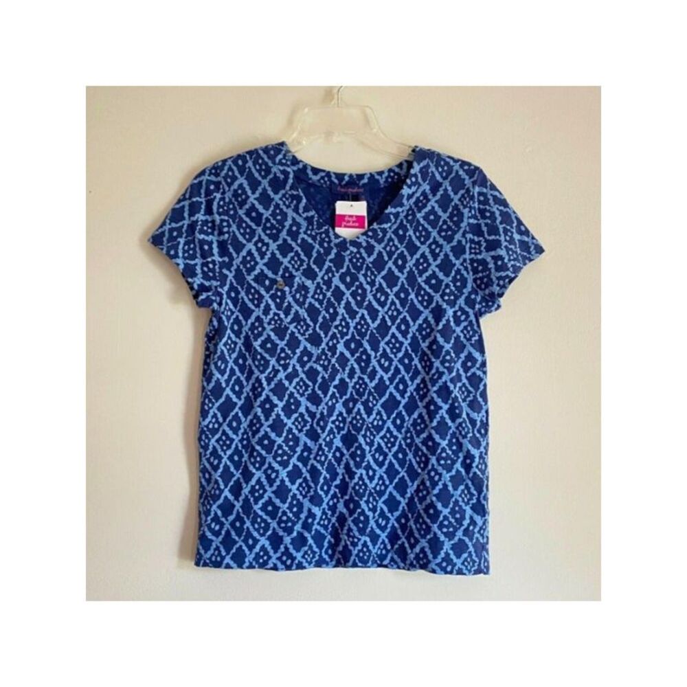 FRESH PRODUCE Womens Blue Pocketed Printed Short Sleeve V Neck T-Shirt SM